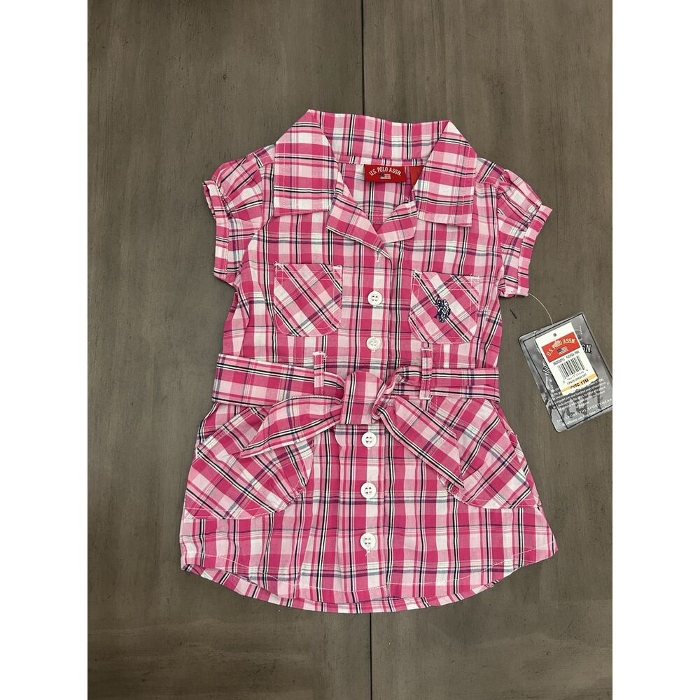 U.S. Polo Assn. Girls Pink Blue Metallic Plaid Collared Bodysuit 12M NWT